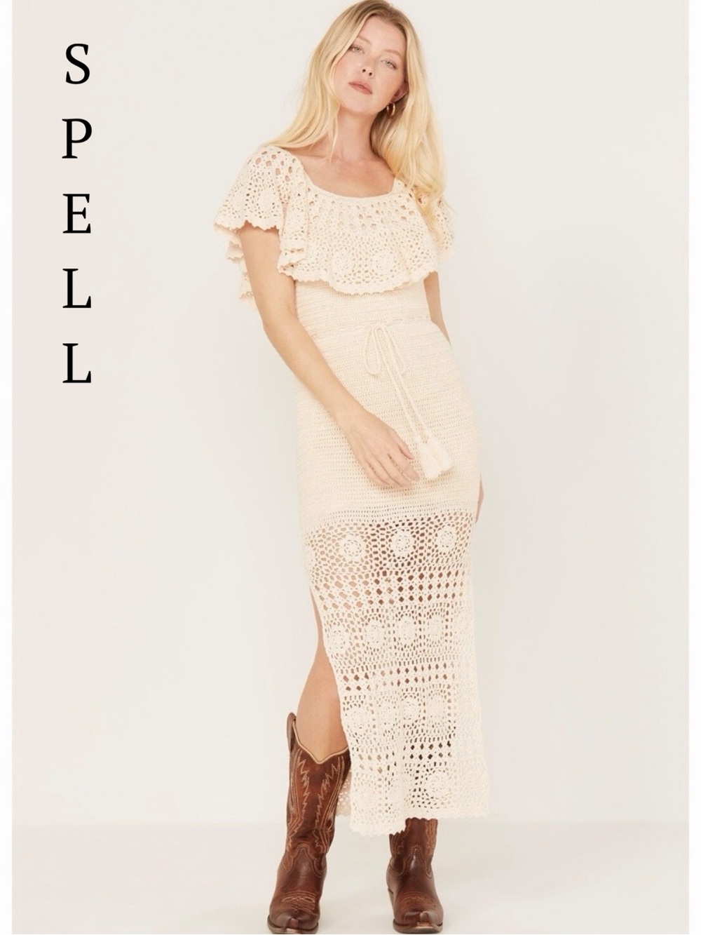 Spell Iluka Crochet Organic Cotton Maxi Dress Blush Pink Off Shoulder Boho Small - Picture 3 of 17